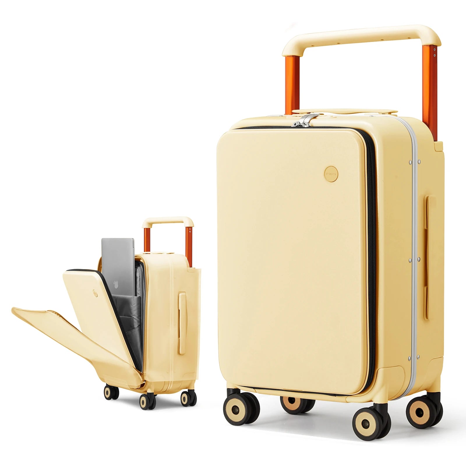 20-inch carry-on suitcase with trolley handle, pale yellow hard shell, orange corner accents
