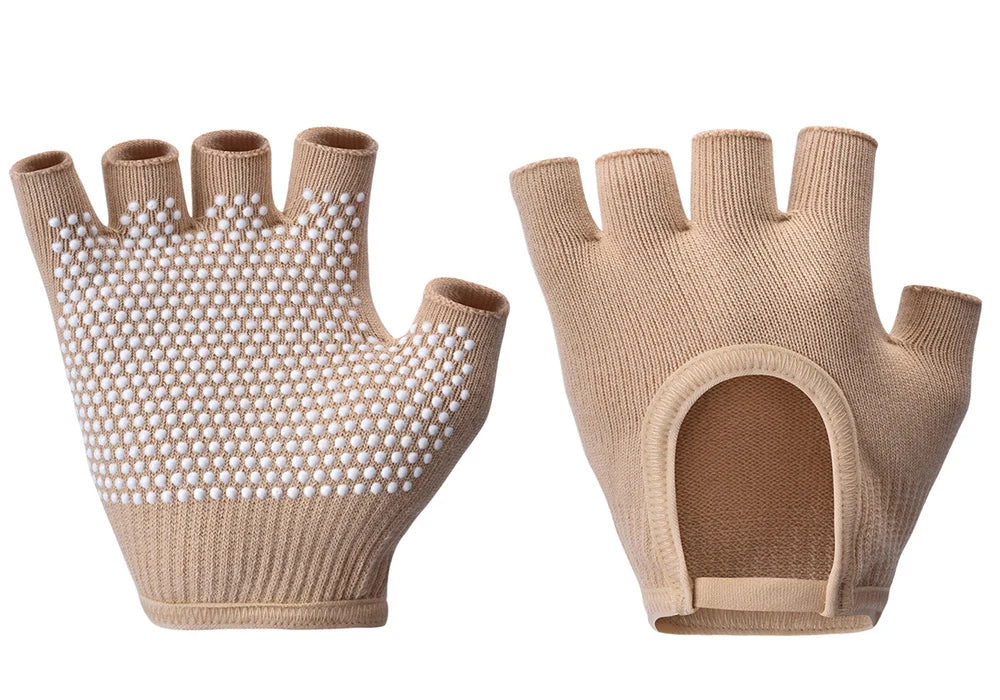 Beige half-finger gloves with white dotted anti-slip palm and open thumb