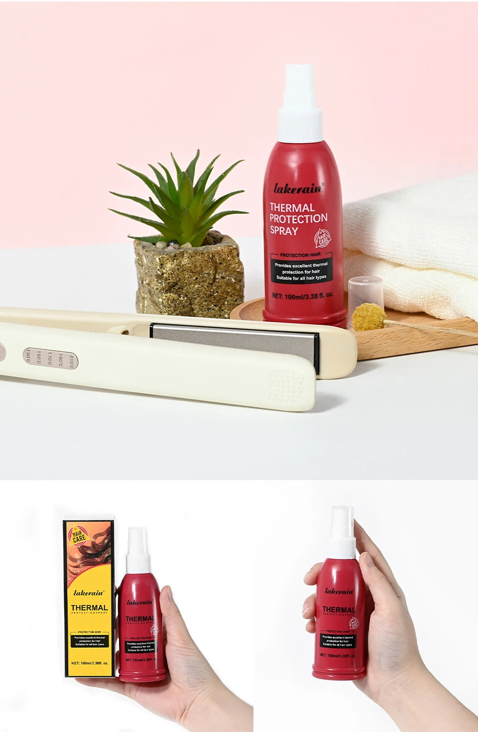 Lakerain Heat Protectant Spray red bottle with white spray nozzle; Cedar & Moore hair treatment 100 ml