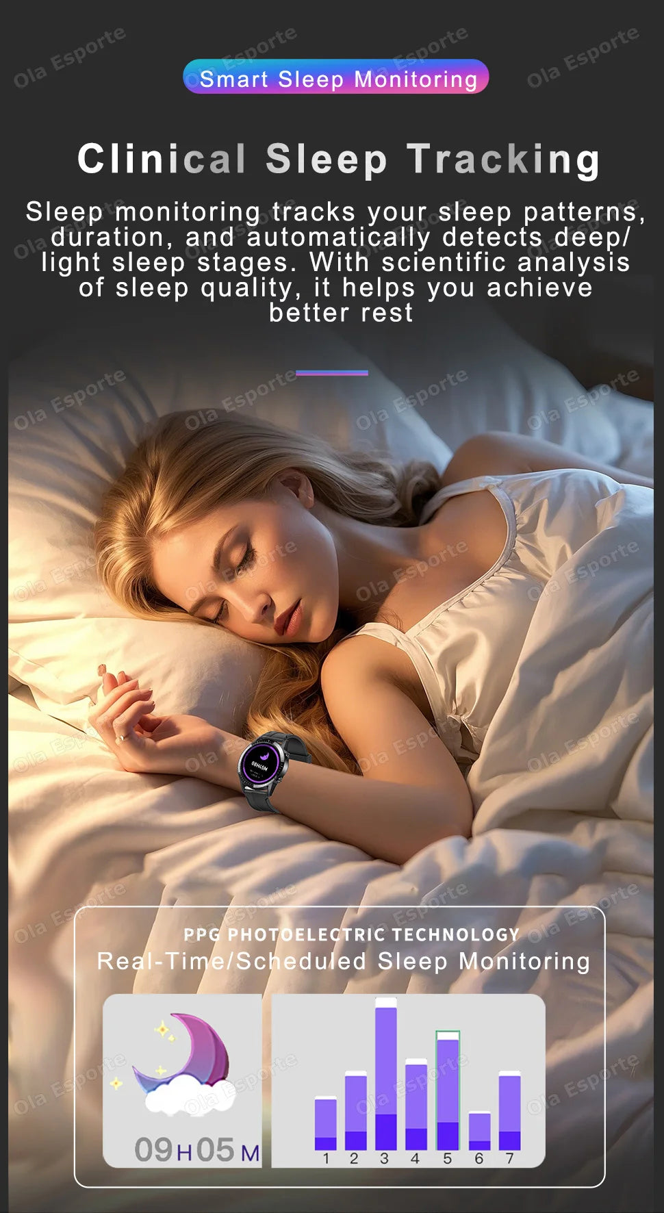 Ola Esporte smart watch with round 1.5-inch display and black strap worn by a sleeping woman