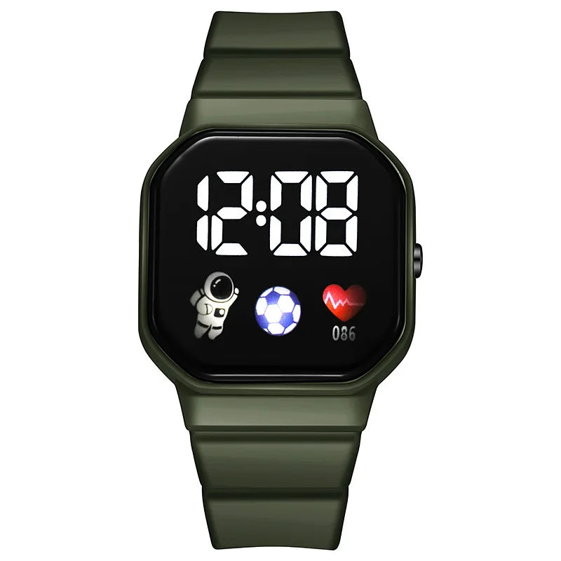 Kids LED digital sports watch with dark green silicone strap and black LED display