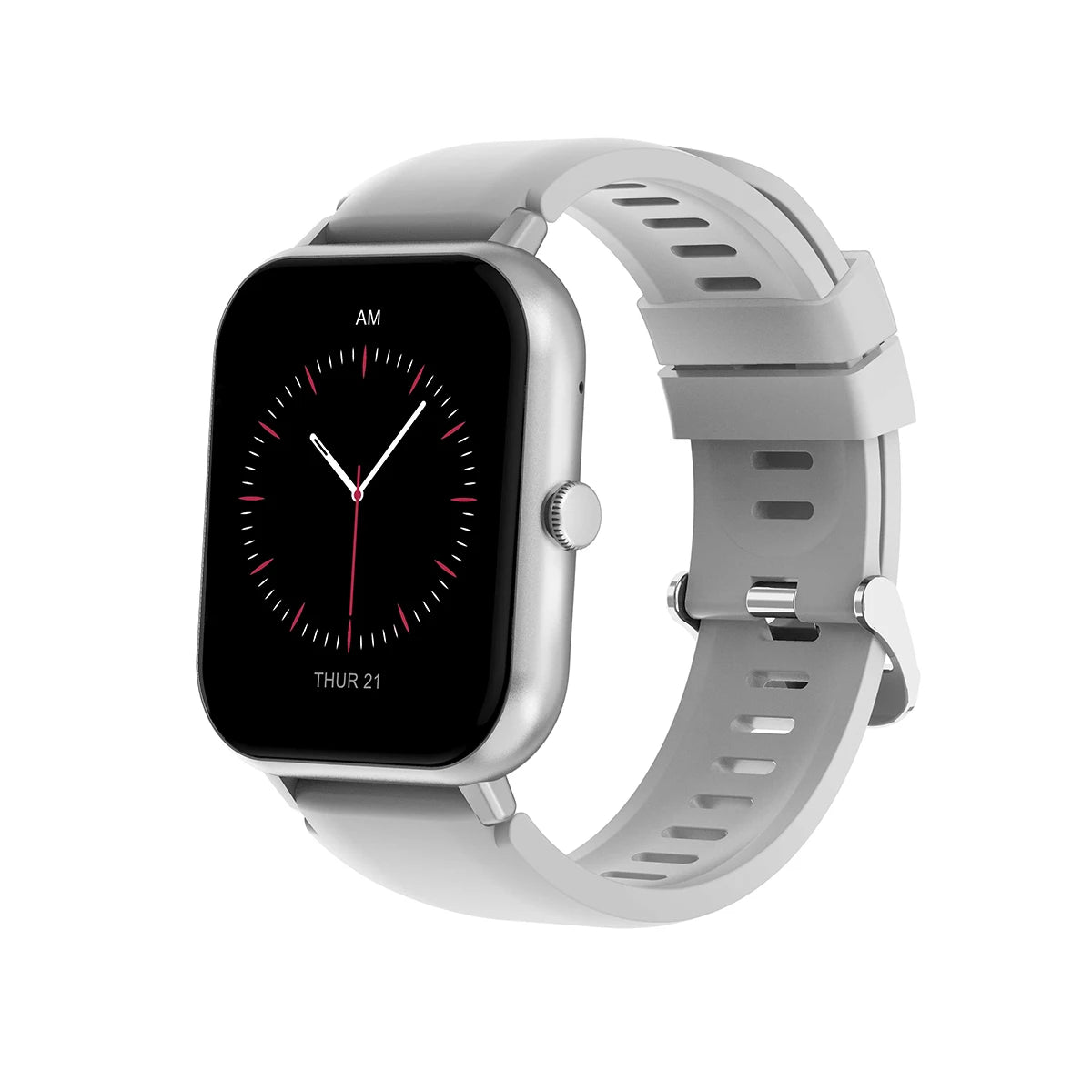 Smartwatch with gray silicone strap, square black screen showing AM THU 21