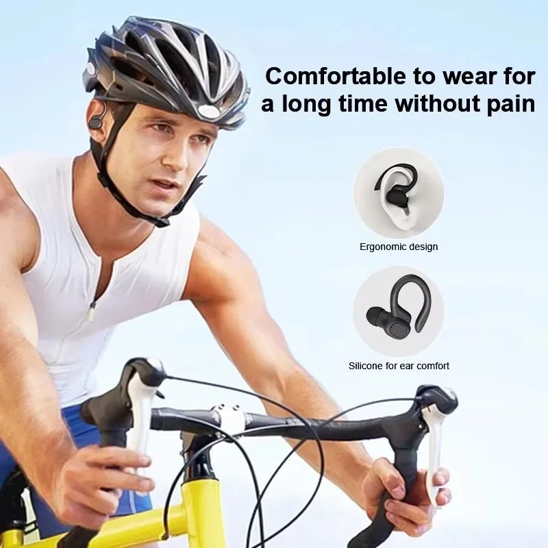 Black ear-hook sport earbuds worn by cyclist, ergonomic silicone design