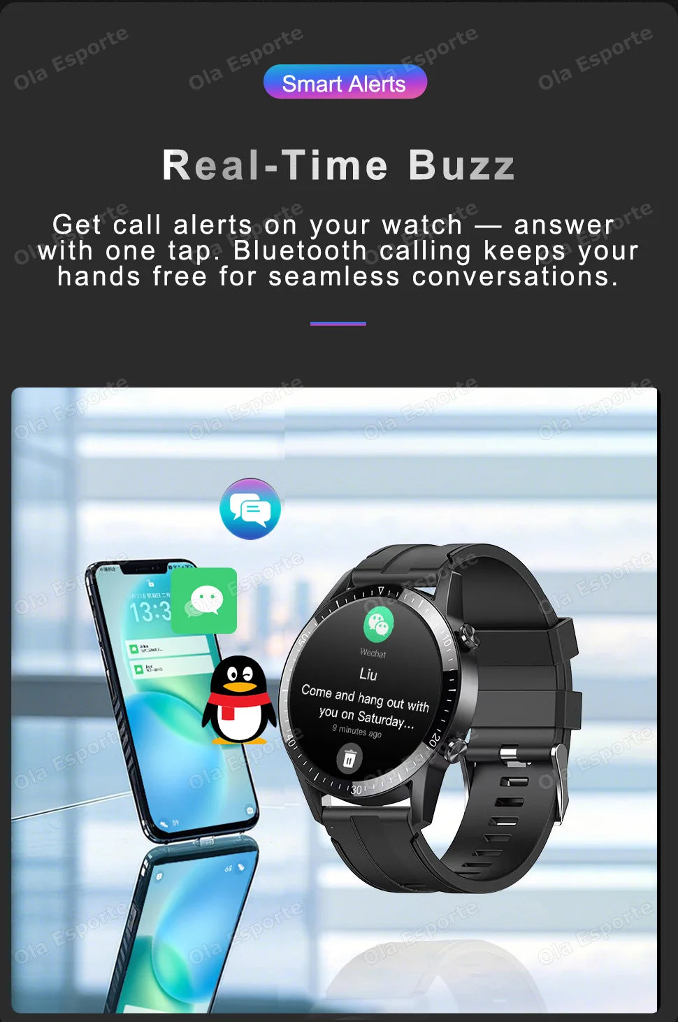 Ola Esporte Smart Watch, black round-faced model with metal bezel and black strap, shown with a smartphone.