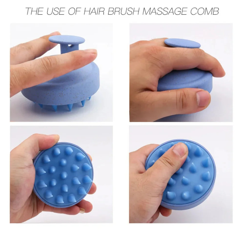 Blue silicone scalp massage brush, round spiked head shown in multiple grip views