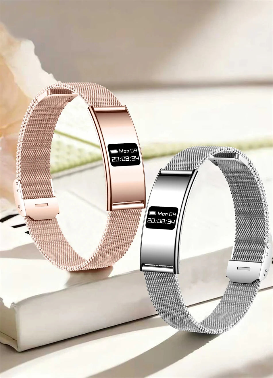Fitness tracker bracelets with OLED screens, rose gold and gray mesh straps