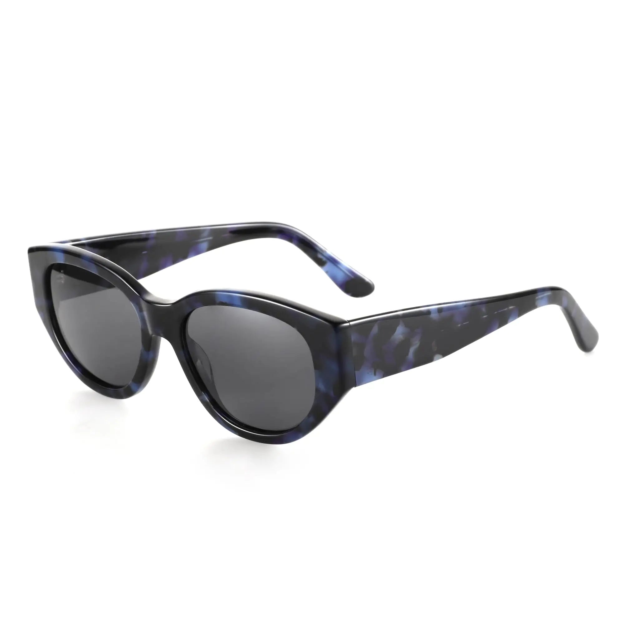 Women's blue-tinted tortoiseshell cat-eye sunglasses with dark lenses
