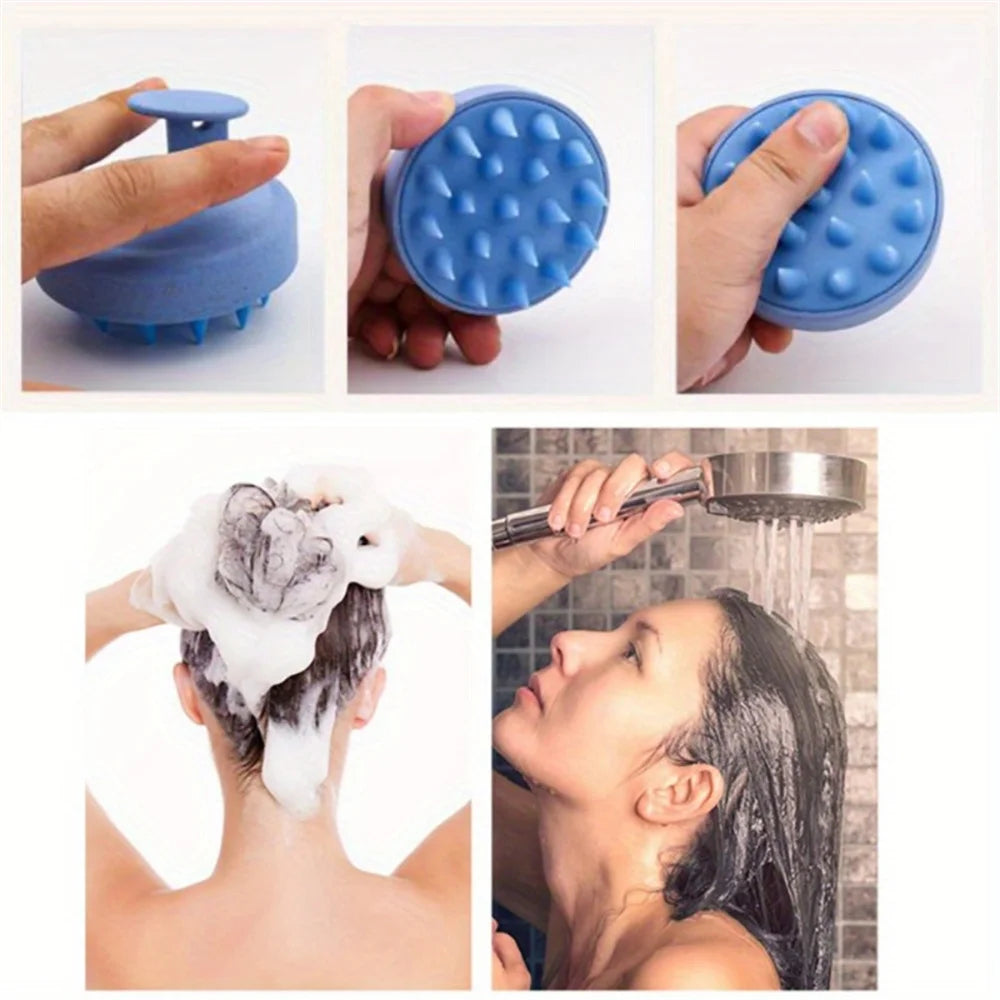 Blue silicone scalp massage brush with round spiked pad, held during hair washing