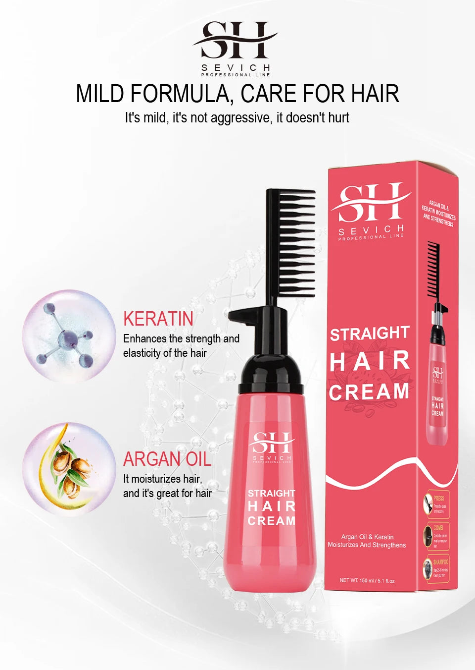 Sevich Keratin Straightening Cream with Comb bottle and pink box, 2-piece set
