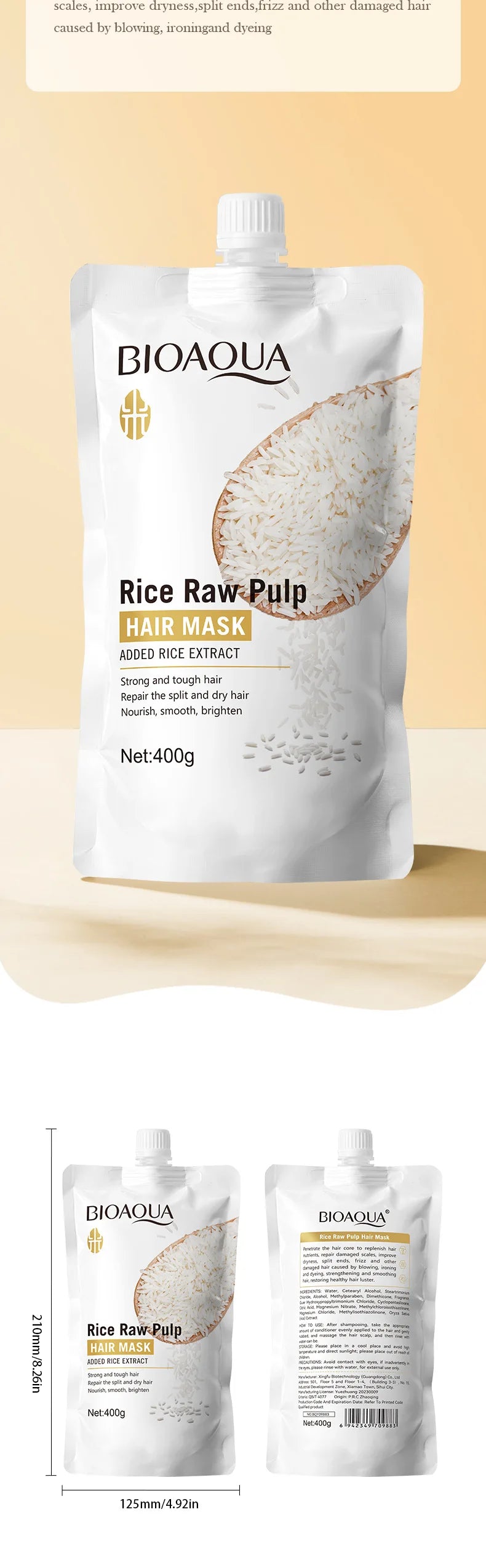BIOAQUA Rice Raw Pulp Hair Mask pouch with added rice extract, 400g (two packs shown)