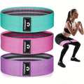Three-piece fabric resistance bands set for legs and glutes; teal, pink, purple with PUMP MUSCLE patches