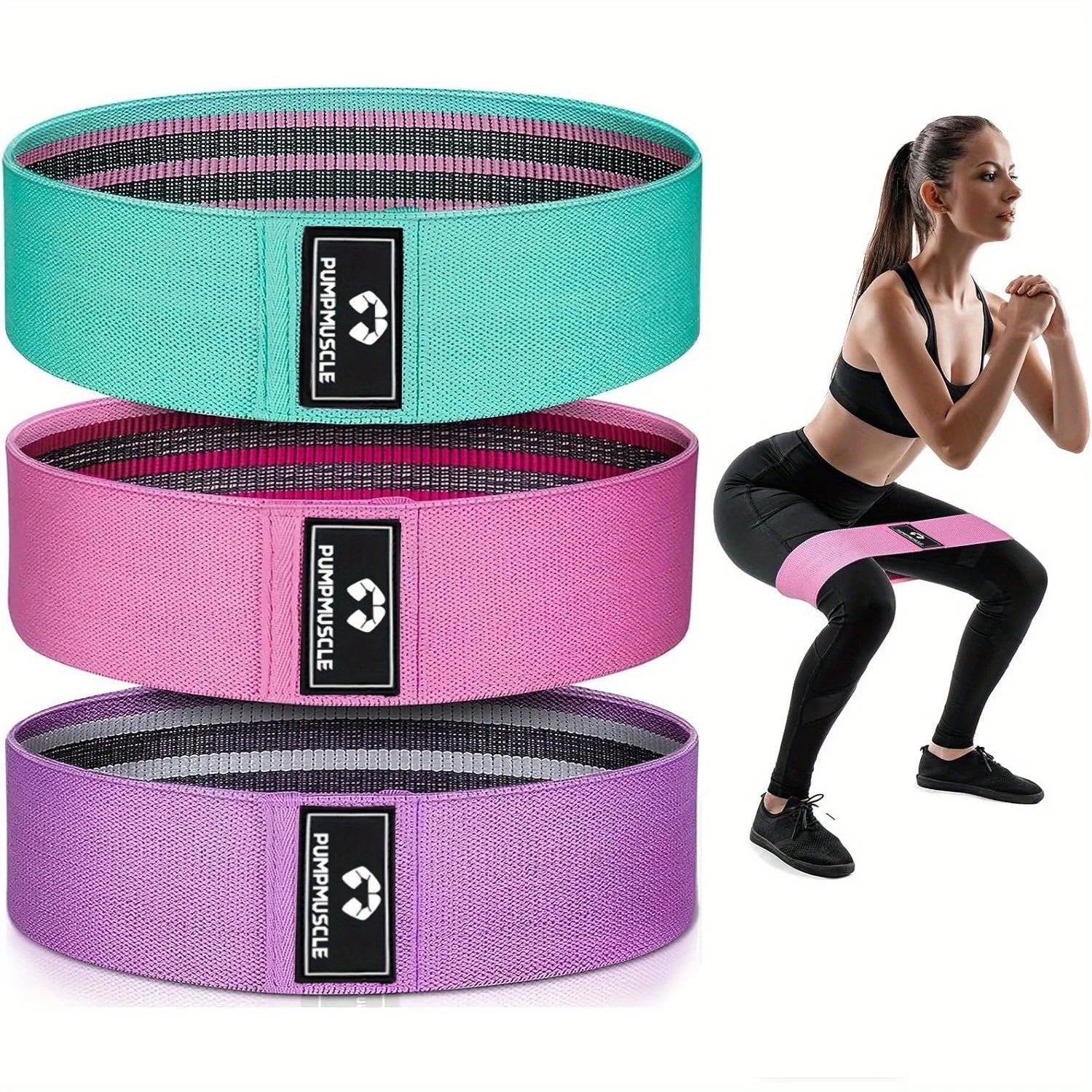 Three-piece fabric resistance bands set for legs and glutes; teal, pink, purple with PUMP MUSCLE patches