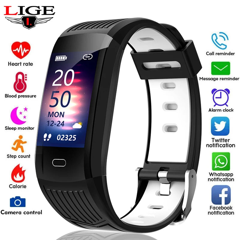 LIGE sport smart watch with black band, bright color display, call and message notifications
