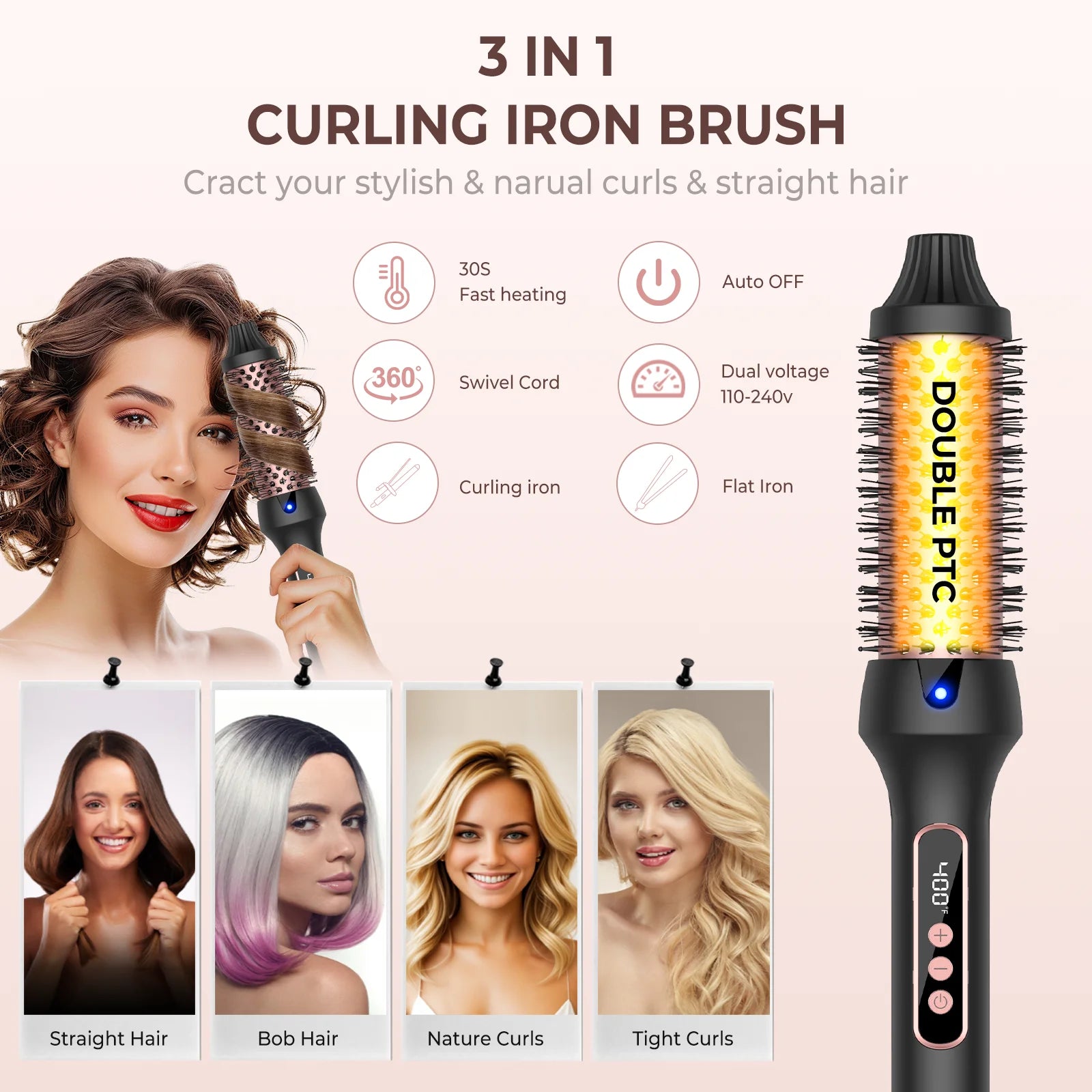 Heated Hair Curler Brush - 38mm Ceramic Ionic Electric Thermal Styling Comb