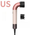 Pink hair dryer with black styling nozzle and vented grille