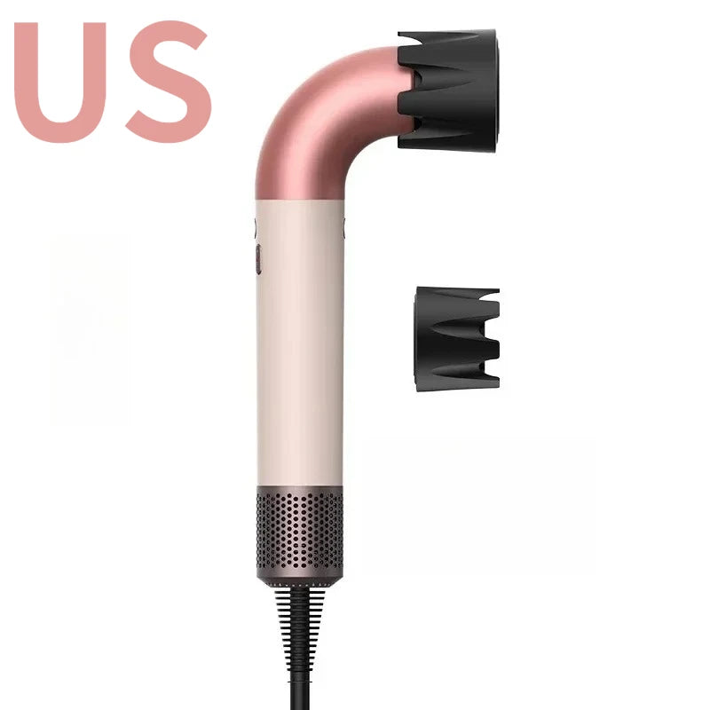 Pink hair dryer with black styling nozzle and vented grille