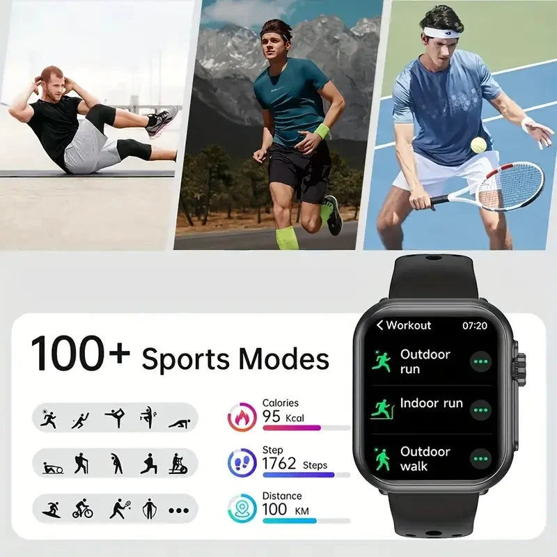 Smart Watch with 1.96-inch AMOLED display and black strap; 100+ sports modes and key fitness metrics.