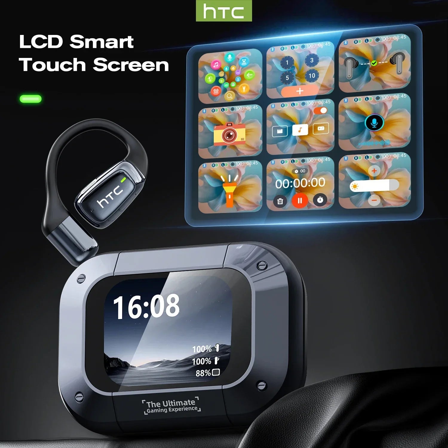 Black earbuds with charging case featuring a full-color touch LCD screen