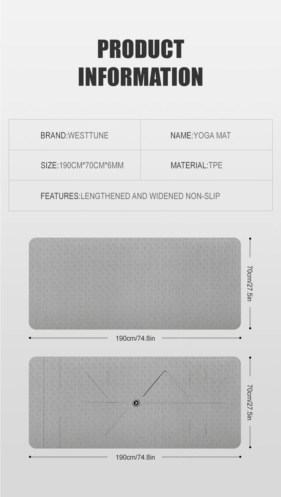 Gray TPE yoga mat with dotted texture and non-slip surface, 190cm length