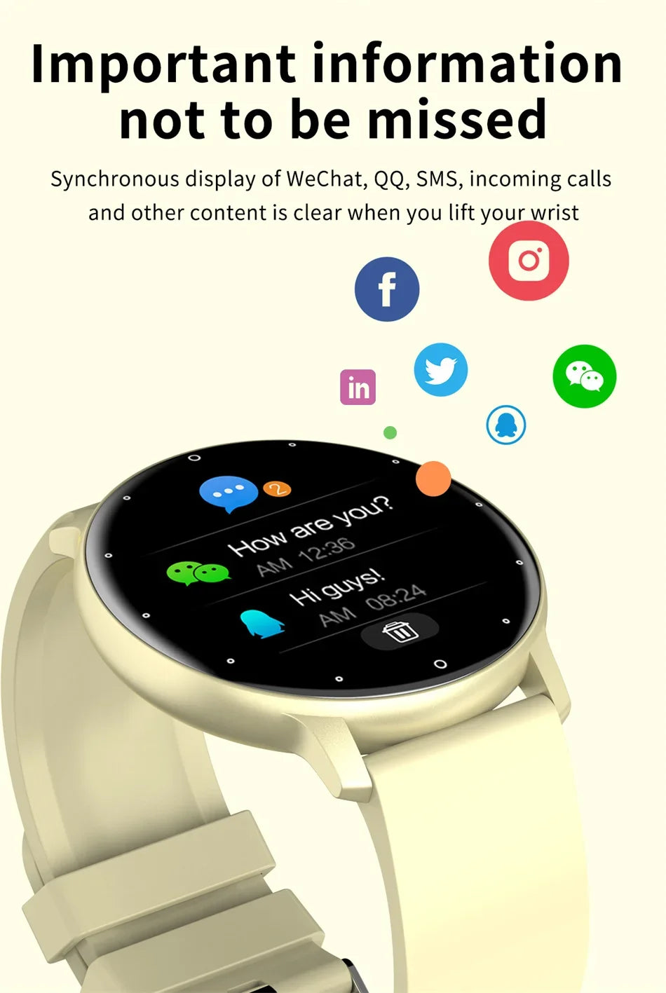 KaiAqua X27 Fitness Smartwatch with beige strap and round AMOLED display
