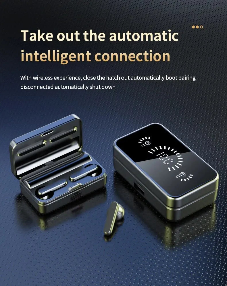 Bluetooth earphones charging case with earbuds, shown next to a matching handset