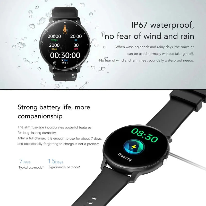 KaiAqua X27 fitness smartwatch with black strap, 1.28-inch AMOLED display, IP67 waterproof.