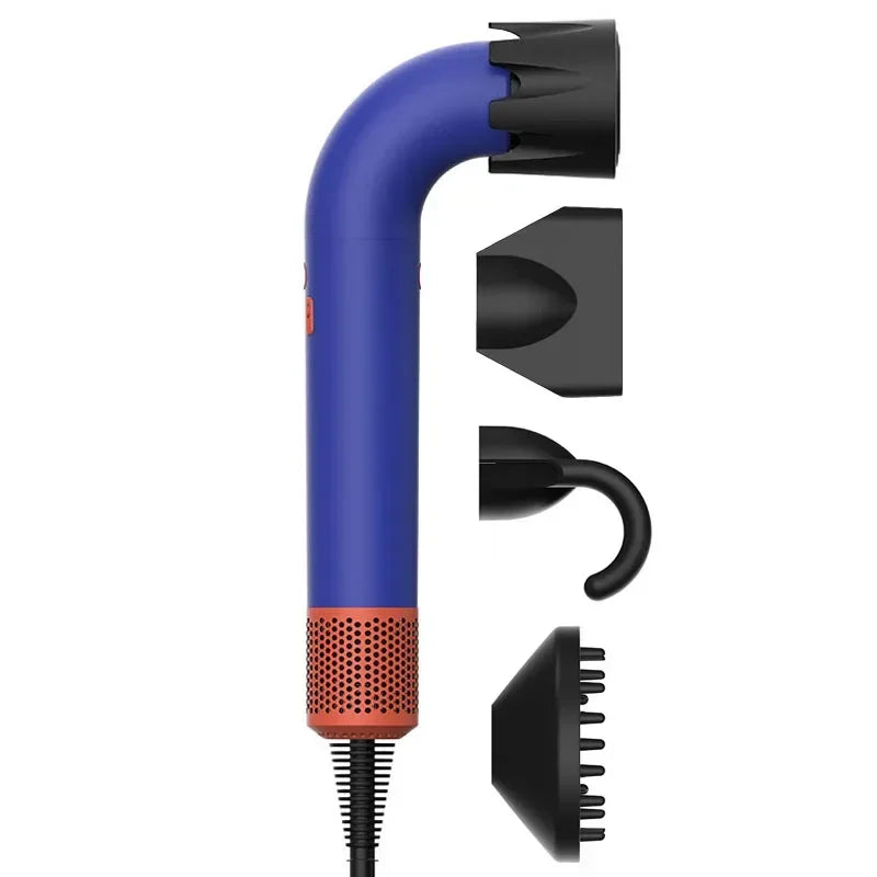 Blue hair dryer with black concentrator and three styling attachments
