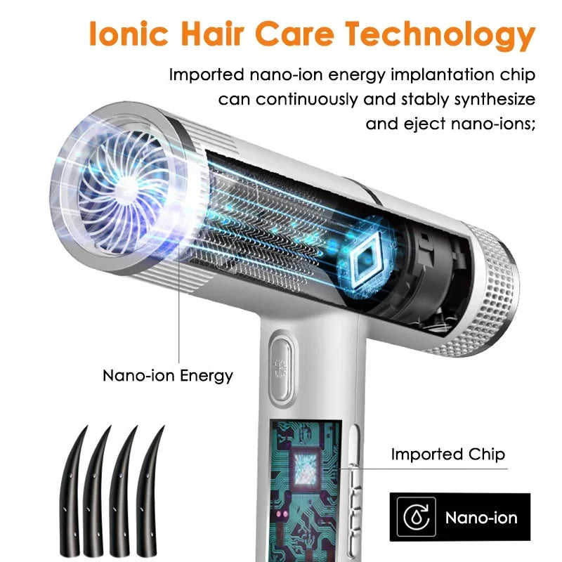 White hairdryer with internal nano-ion lighting and included nozzle attachments