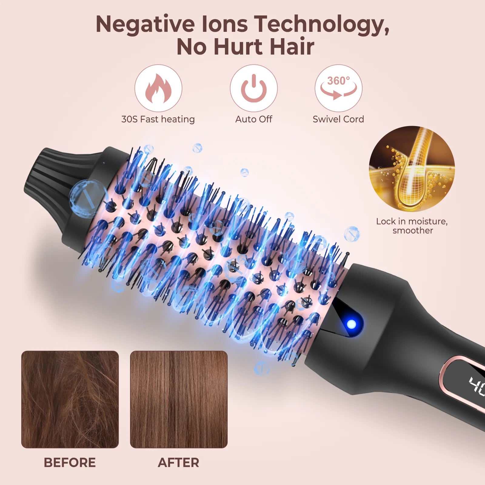 Heated Hair Curler Brush - 38mm Ceramic Ionic Electric Thermal Styling Comb
