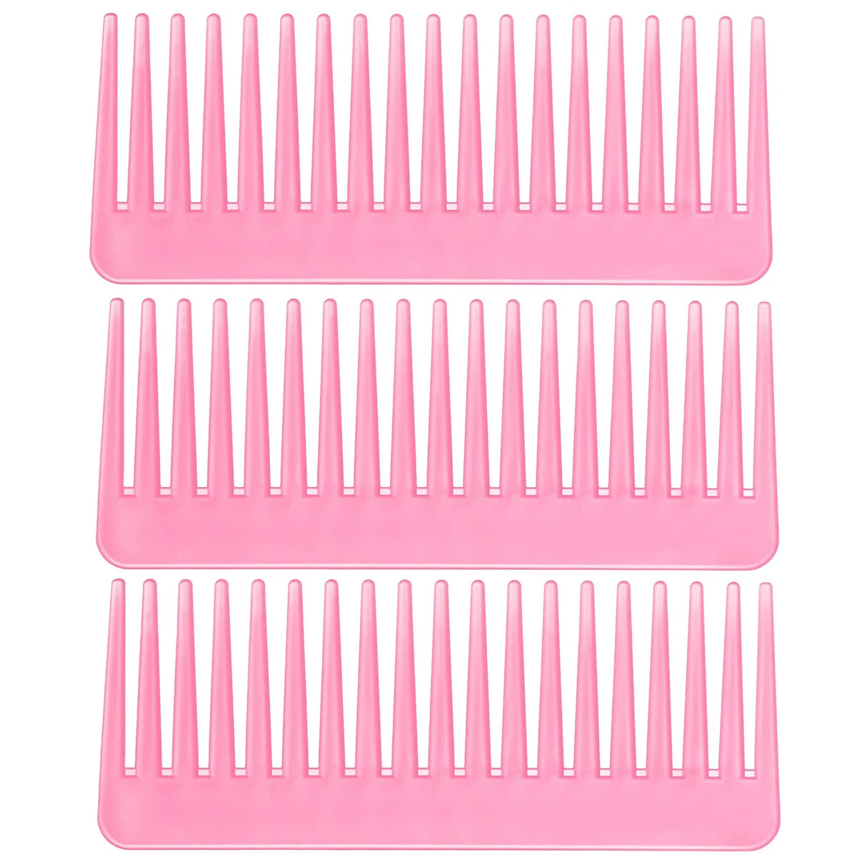 3-Piece wide-tooth detangling comb set, pink plastic, no-handle design