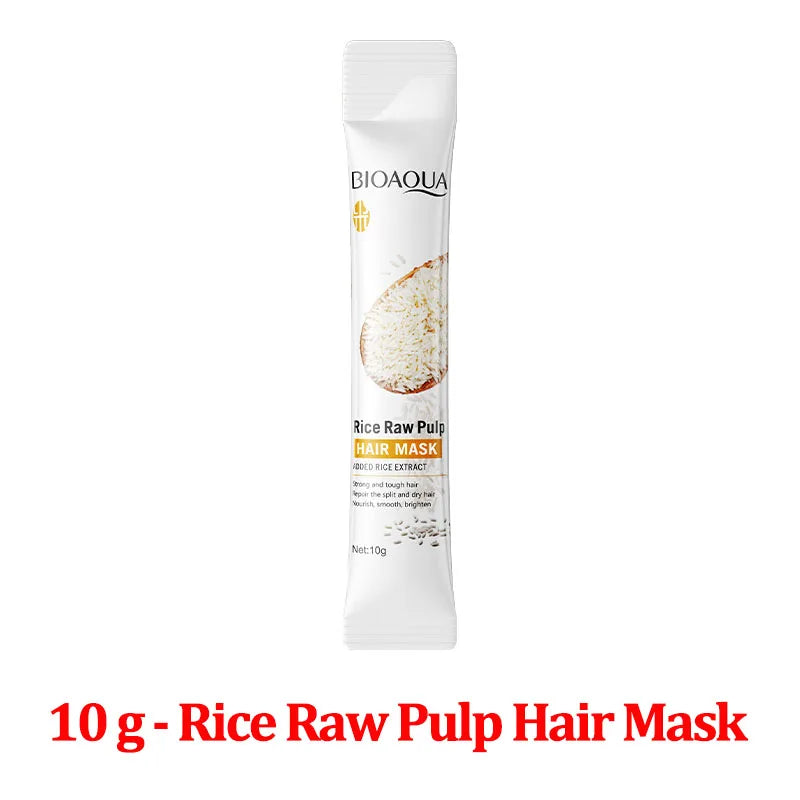 Rice Raw Pulp Hair Mask sachet, Bioaqua brand, white packaging, 10 g