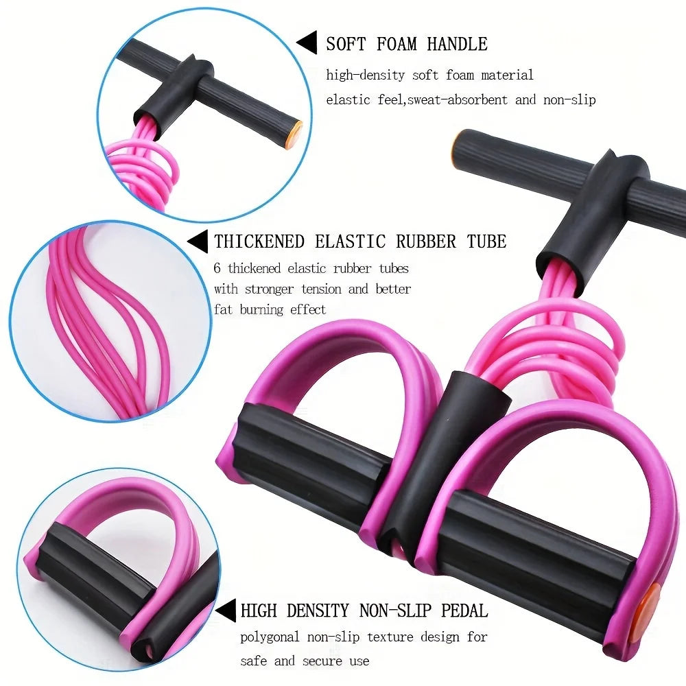 Close-up of purple resistance band tubes with foam handles and non-slip foot pedals