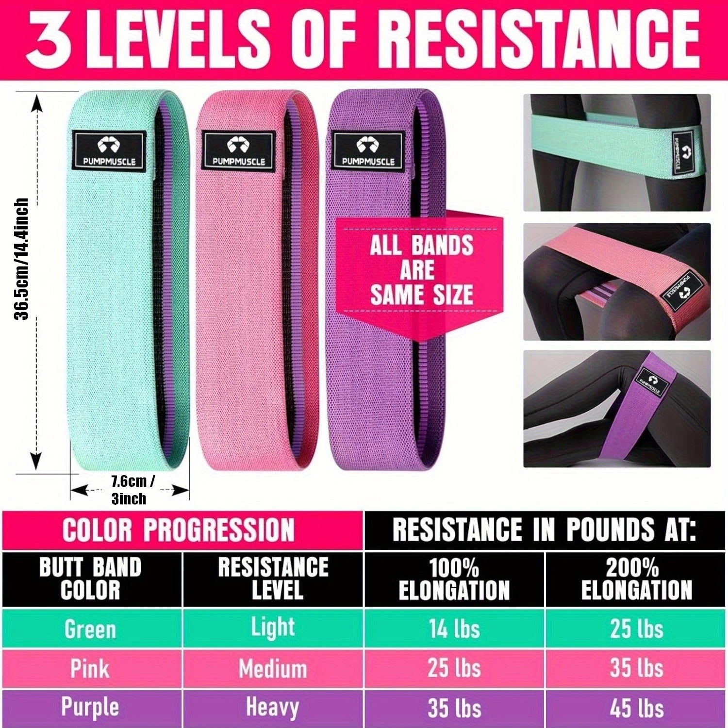 Fabric resistance bands set, 3-piece booty bands in green, pink, purple from Pump Muscle for legs and glutes