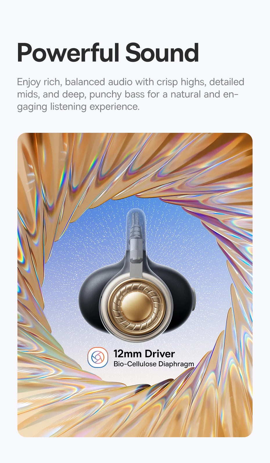 Open-ear clip earbuds featuring a 12mm bio-diaphragm driver