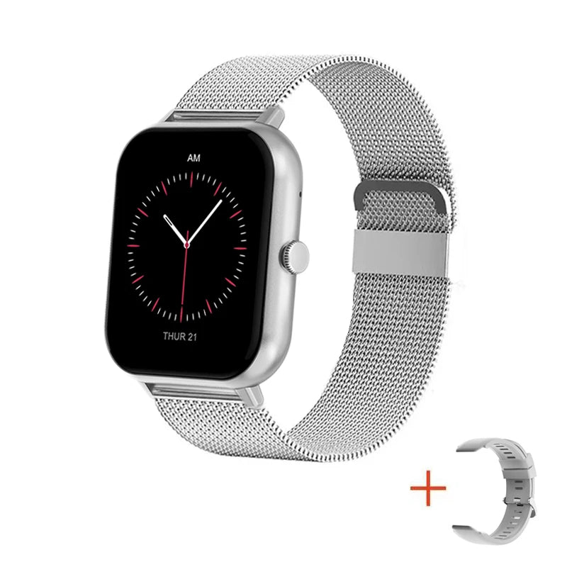 Smartwatch with silver metal mesh band, square black screen showing AM THU 21