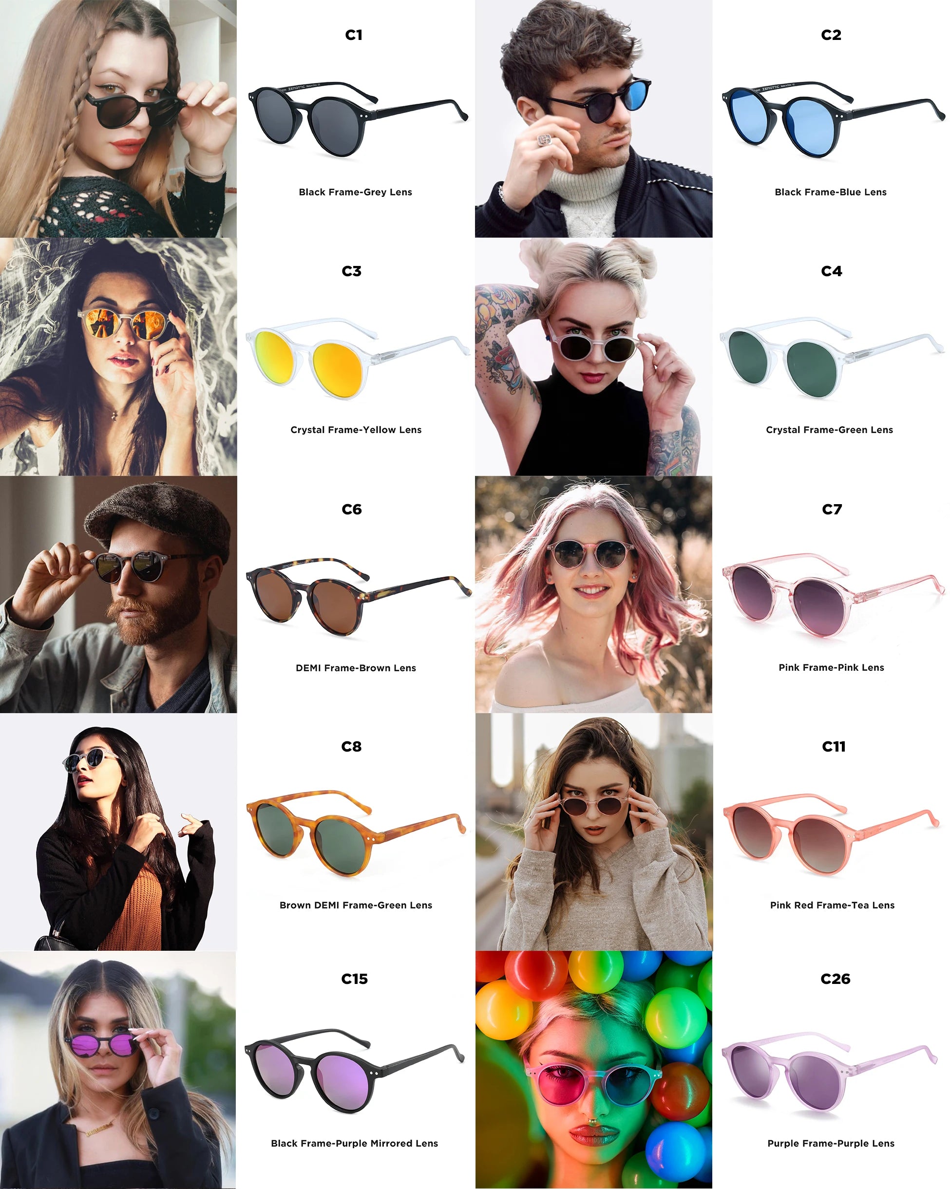 Retro round sunglasses on models with various lens tints and frame colors