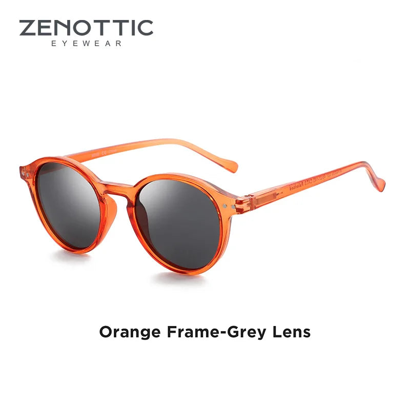 Retro small round sunglasses, dark grey lenses, orange frame with clear details