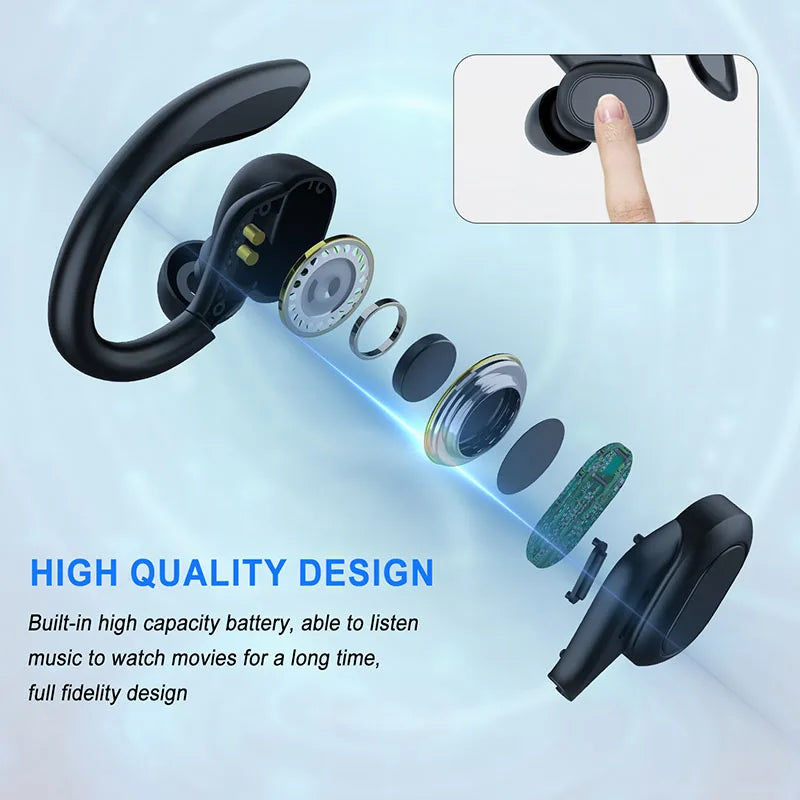 Sports wireless earhook earbuds with charging case, dark black and blue light accents