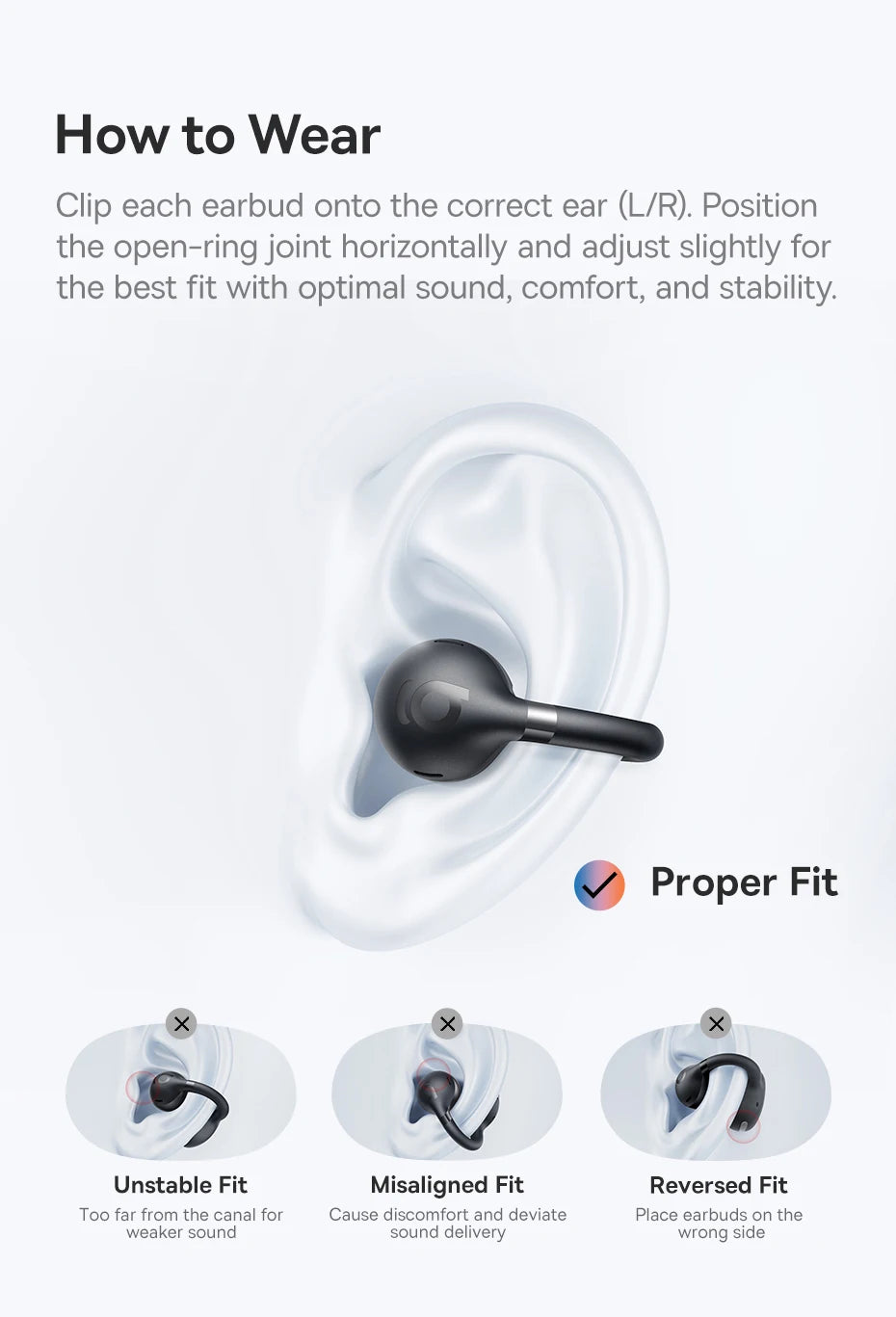 White open-ear clip earbuds illustrating proper left/right fit on ear