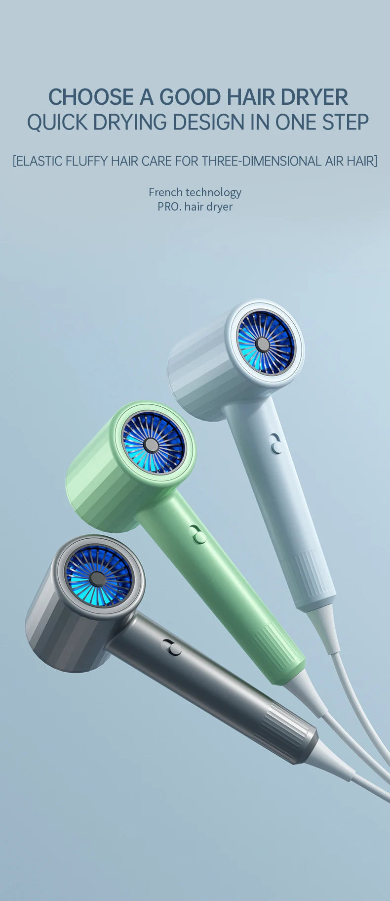 Green hair dryer with circular vent grille, plus two matching models