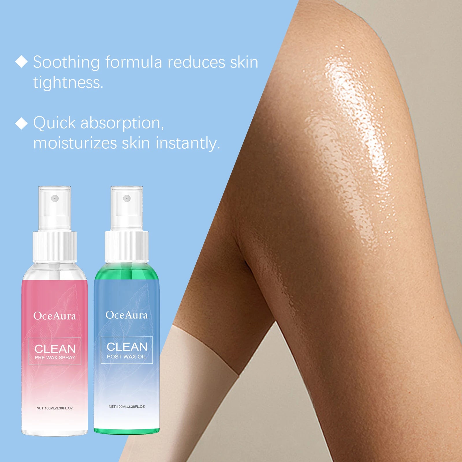 OceAura Clean post-wax spray bottles beside glossy legs