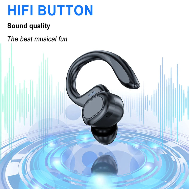 Sports wireless earhook earbuds with soundwave graphic, dark black