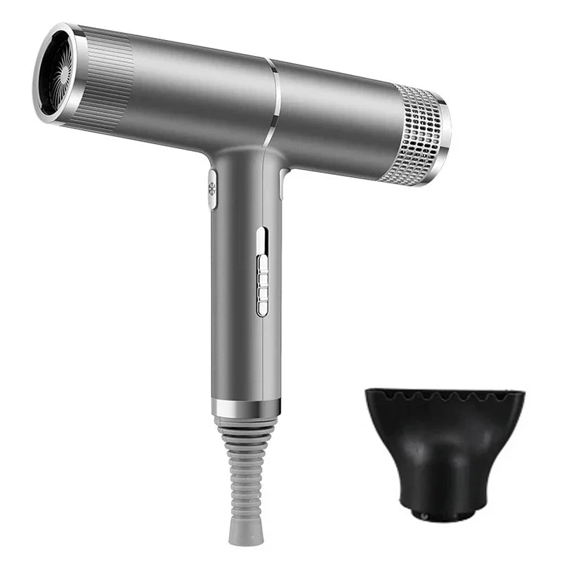Silver hair dryer with black concentrator nozzle attachment
