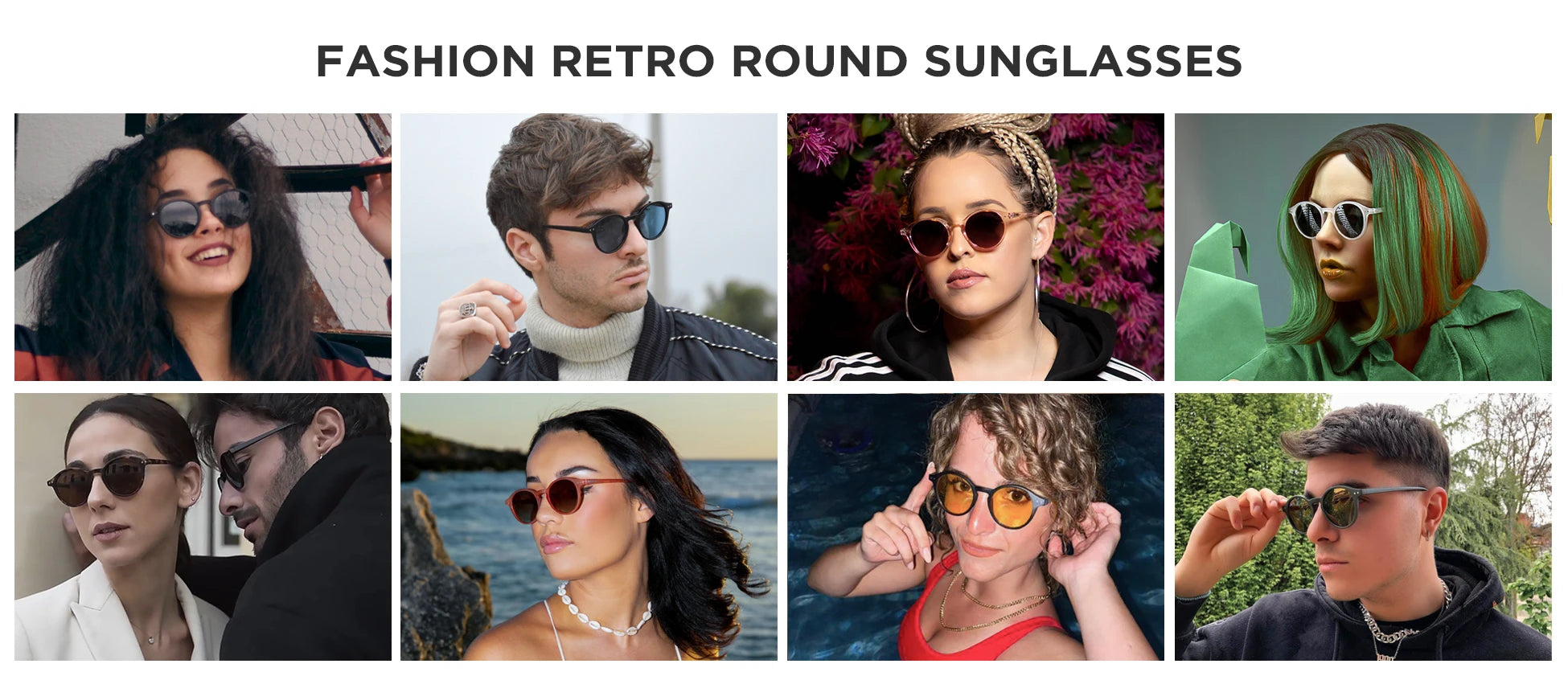 Retro round sunglasses fashion collage showing multiple styles and lens colors on models