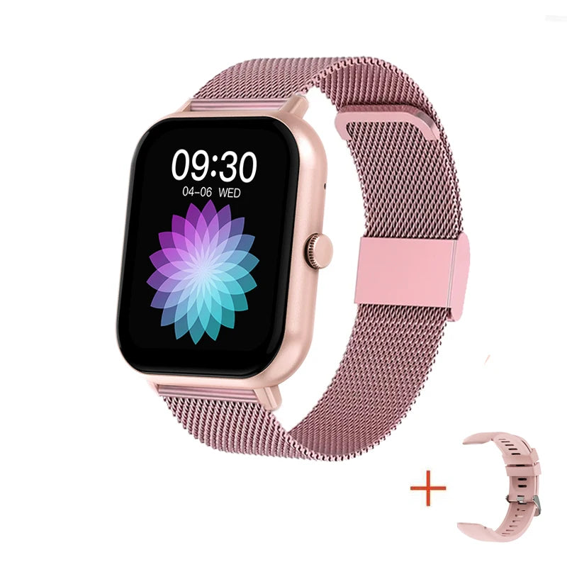 Smartwatch with rose-pink metal mesh band, square black screen showing 09:30