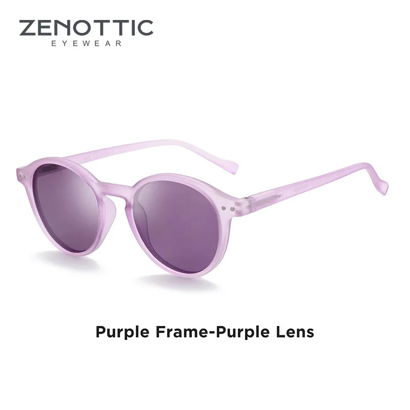 Small round sunglasses with light purple frame and purple lenses