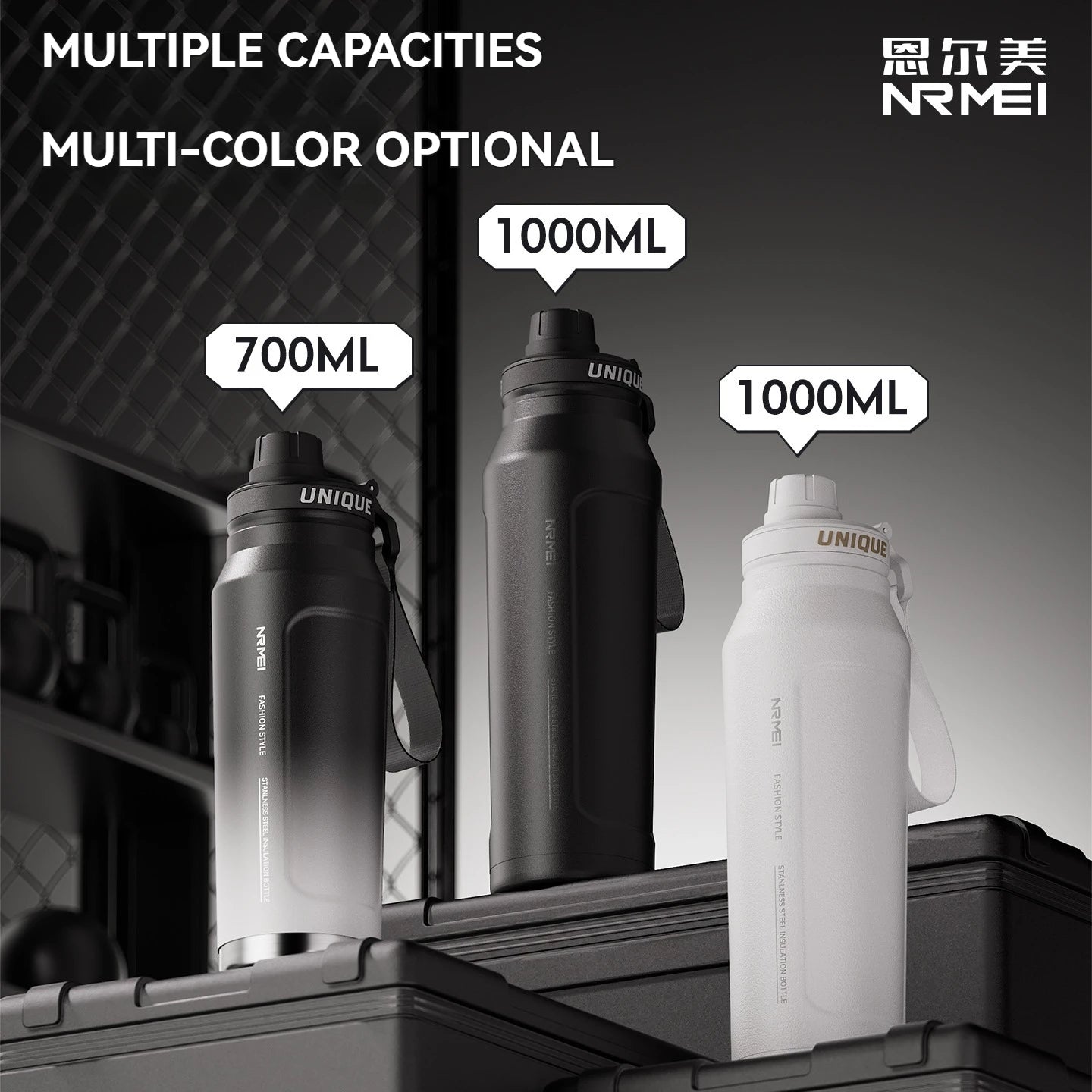 Assorted insulated stainless steel sports bottles in black, gray, and white with straps