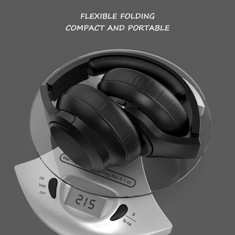Foldable black over-ear wireless headset with rotating earcups and headband joint
