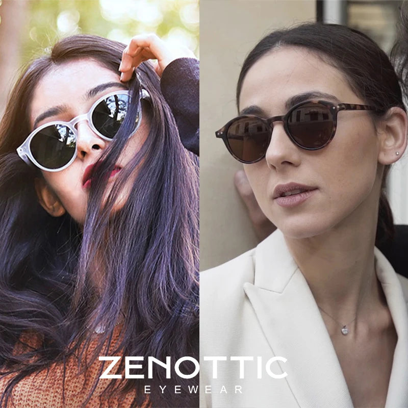 Retro round sunglasses with dark lenses and dark frame, worn on a woman