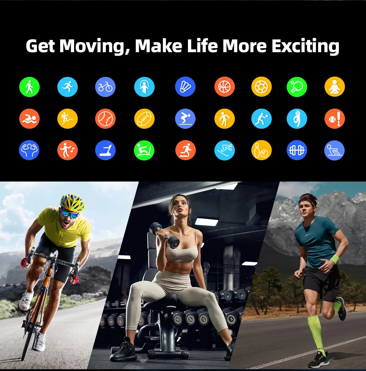 Ultra-thin AMOLED smart watch displaying sports icons, worn by athletes in motion